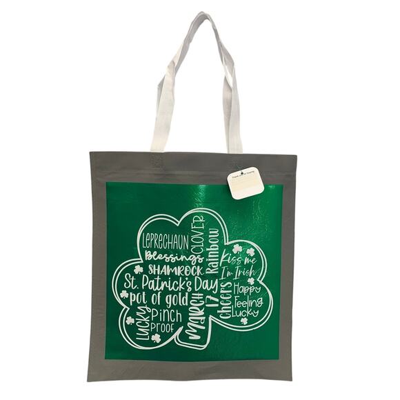 New Upcycled Hand Printed St Patrick's Day Shamrock Irish Cheer Shopper Tote Bag - Picture 1 of 4